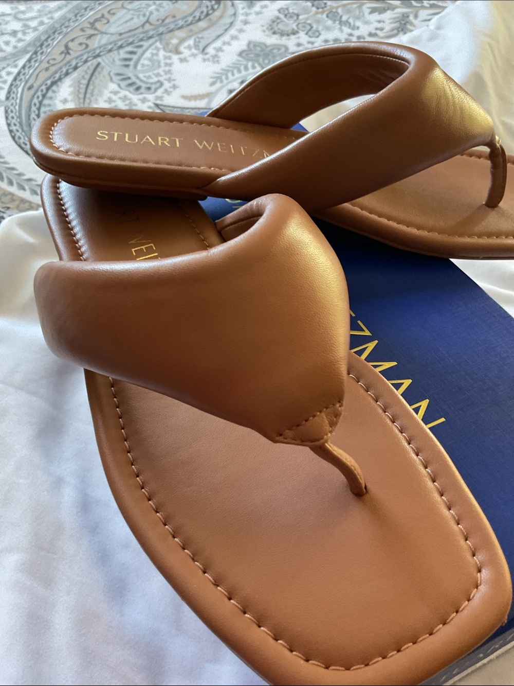 Stuart Weitzman Taupe Padded Leather Thong Sandals